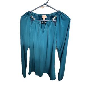 Michael Kors Teal Long Sleeve Chain Neck Blouse Size S